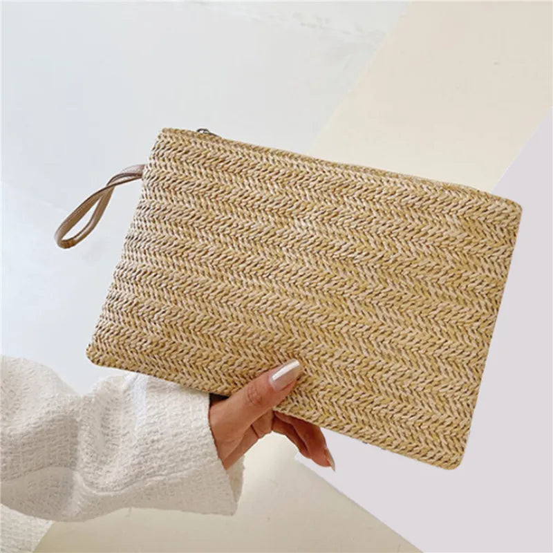 Elariah Woven Straw Wristlet Clutch Bag – Bohemian Summer Beach Handbag with Zipper (White, Khaki, Beige)
