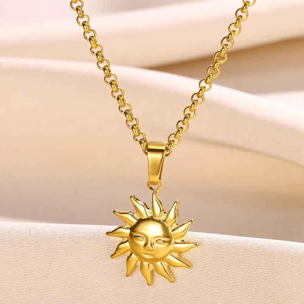 Sunflower Pendant Geometric Necklace – Stainless Steel Clavicle Chain for Women