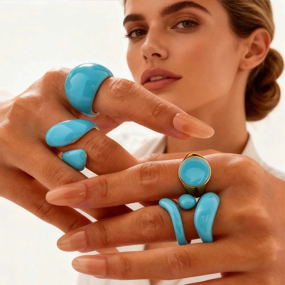 Bague torsadée épaisse en émail pour femme – Bague croisée ouverte en acier inoxydable plaqué or, anneau empilable étanche (bleu/vert/rose)
