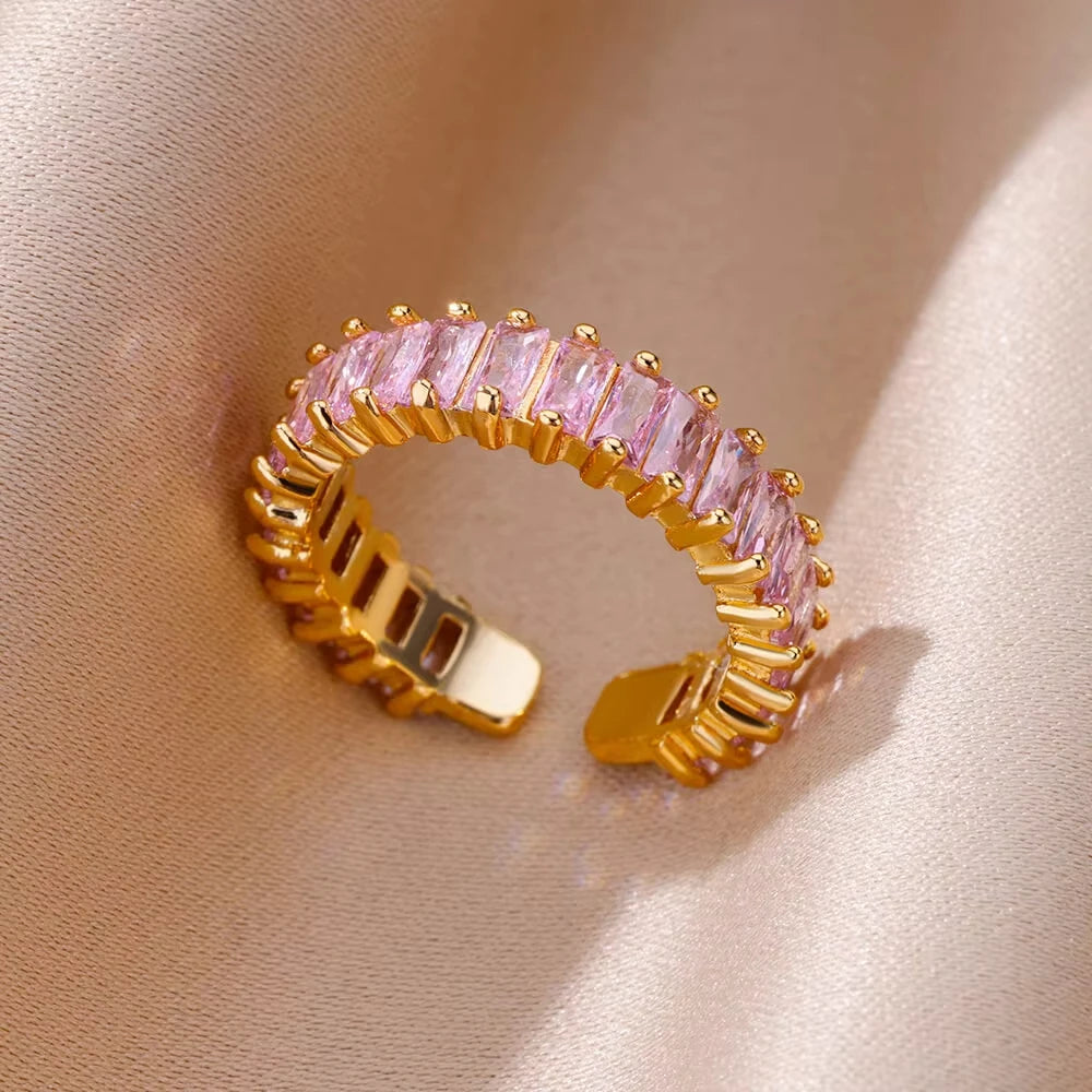 Bague cœur plaquée or de luxe avec zircones colorées – Bague cocktail ajustable en acier inoxydable pour femme