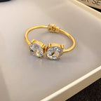 Gold Plated Zircon Round Open Cuff Bracelet for Women – Statement Rhinestone Bangle, Adjustable Party & Wedding Jewelry
