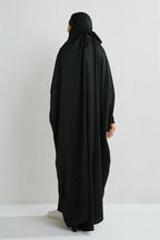 Elariah Hooded Modest Abaya Dress – Loose Fit One-Piece Jilbab with Smocked Sleeves (Black)