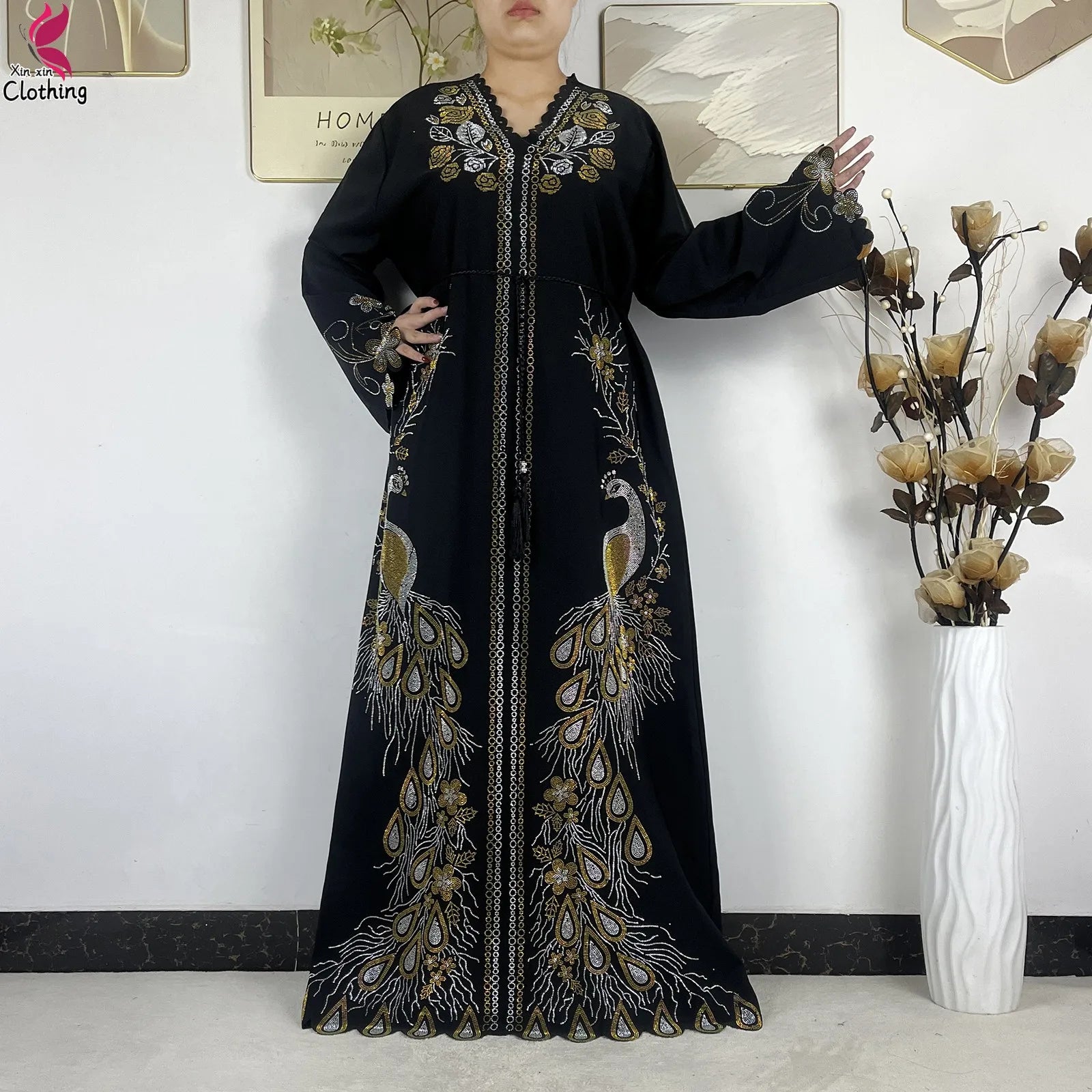 Elariah Diamond Chiffon Modest Abaya Dress – Elegant Long Sleeve Islamic Maxi Robe