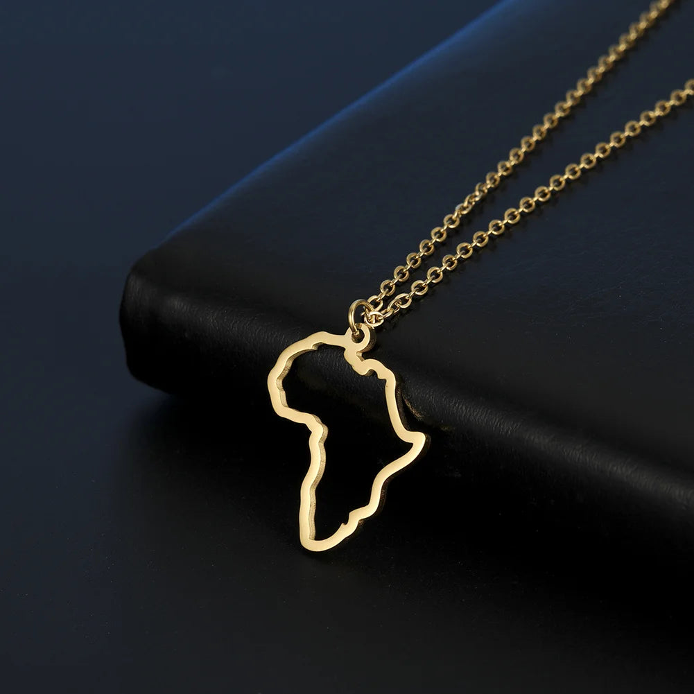 Collar con colgante de mapa africano de moda para mujer – Collar geométrico de acero inoxidable con la bandera de África, color oro, oro rosa o acero
