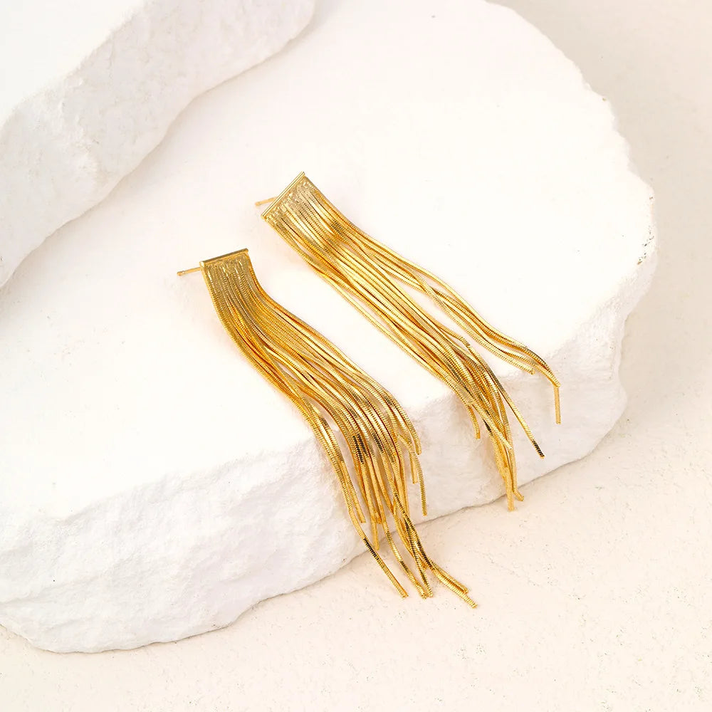 Gold Bling Tassel Statement Earrings – Elegant Long Drop Design for Women