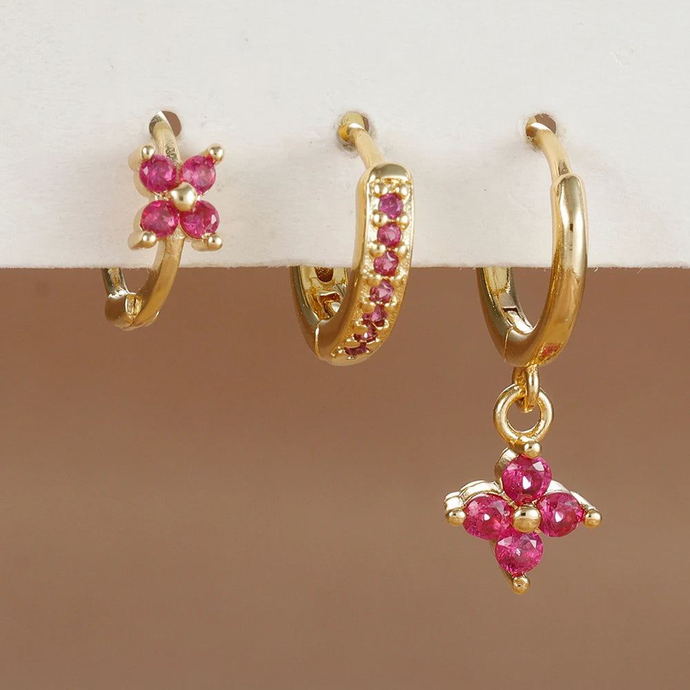 Ensemble de 3 boucles d'oreilles pendantes en acier inoxydable avec zircon cubique – Boucles d'oreilles florales hypoallergéniques pour femmes