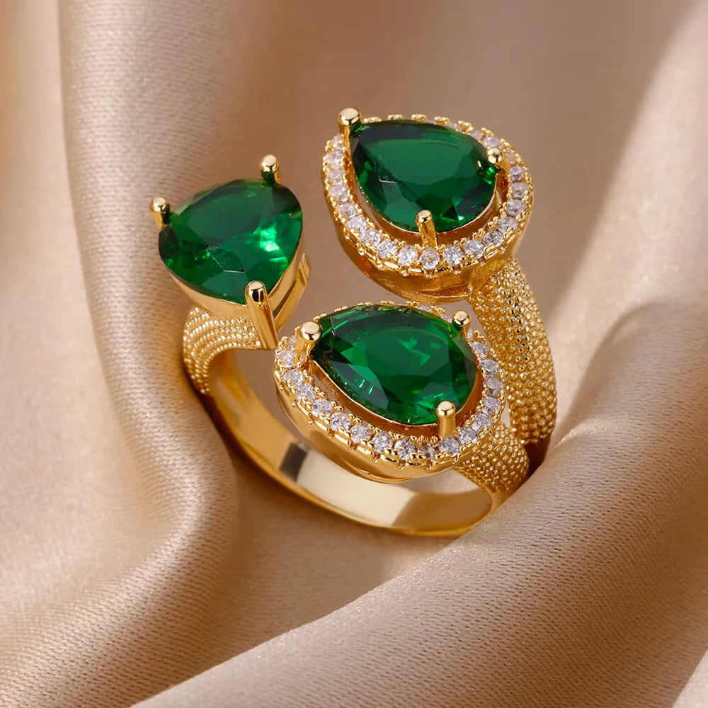 Luxury Gold-Plated Heart Ring with Colorful Zircon Stones – Adjustable Stainless Steel Cocktail Ring for Women