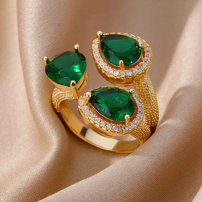 Luxury Gold-Plated Heart Ring with Colorful Zircon Stones – Adjustable Stainless Steel Cocktail Ring for Women
