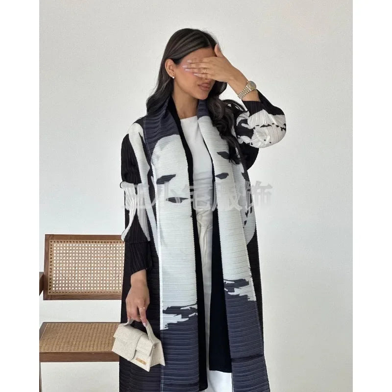 Elariah Retro Printed Pleated Abaya Coat – Belted Chiffon Maxi Modest Windbreaker Jacket for Women (One Size)