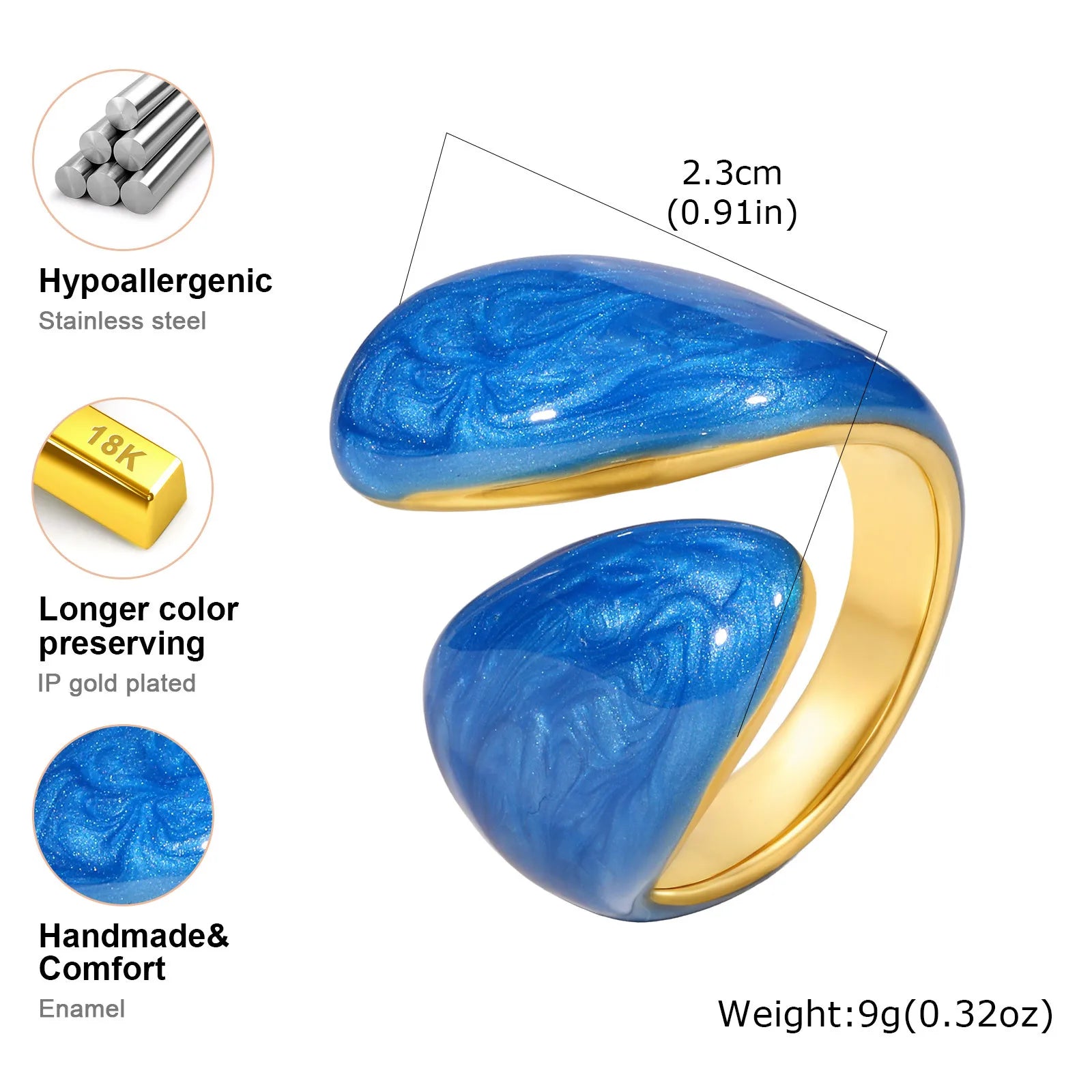 Bague torsadée épaisse en émail pour femme – Bague croisée ouverte en acier inoxydable plaqué or, anneau empilable étanche (bleu/vert/rose)