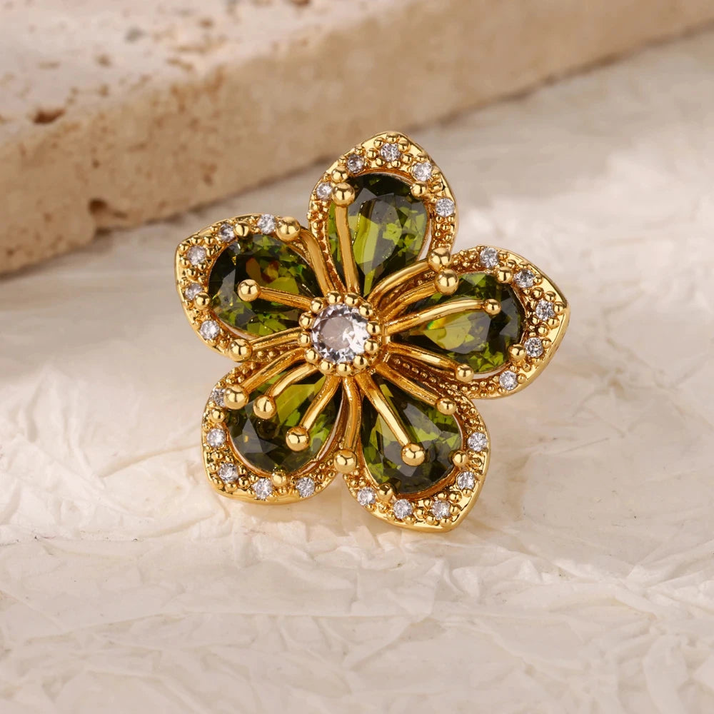 Luxury Gold-Plated Heart Ring with Colorful Zircon Stones – Adjustable Stainless Steel Cocktail Ring for Women