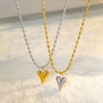 18K Gold Plated Heart Pendant Necklace – Stainless Steel Bead Chain, Dainty Romantic Jewelry for Women