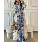 Elariah Retro Printed Pleated Abaya Coat – Belted Chiffon Maxi Modest Windbreaker Jacket for Women (One Size)