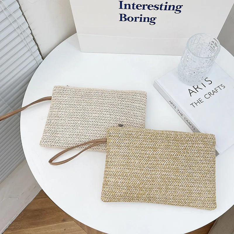Elariah Woven Straw Wristlet Clutch Bag – Bohemian Summer Beach Handbag with Zipper (White, Khaki, Beige)