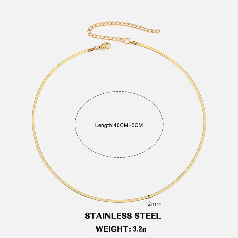 Classic Flat Snake Chain Choker Necklace – Stainless Steel Herringbone Design in Gold & Silver