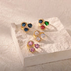Bague cœur plaquée or de luxe avec zircones colorées – Bague cocktail ajustable en acier inoxydable pour femme