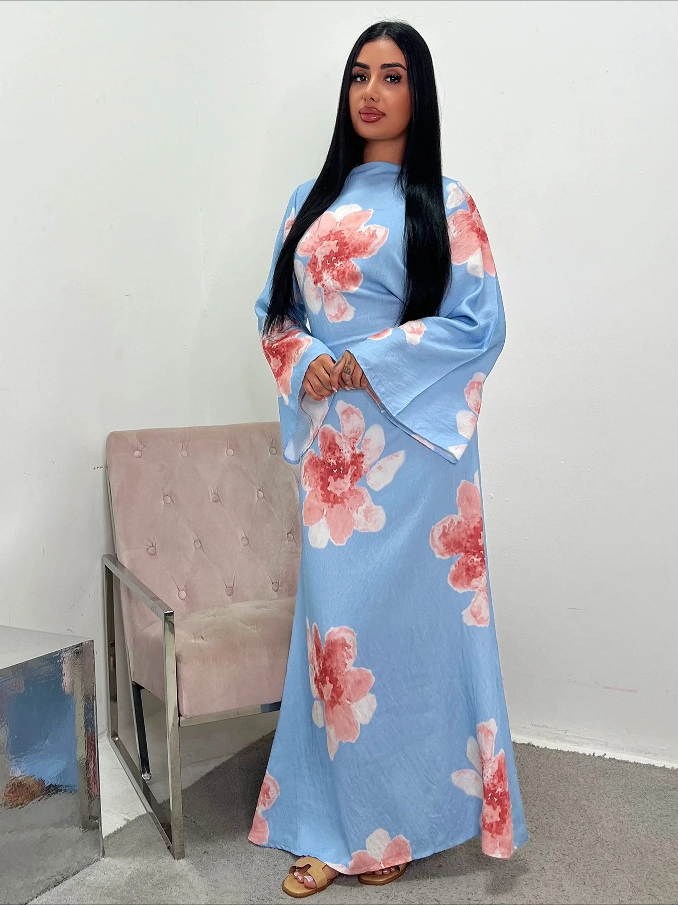Elariah Floral Print Modest Kaftan Abaya Dress – Long Sleeve Maxi Jalabiya for Eid, Ramadan & Special Occasions