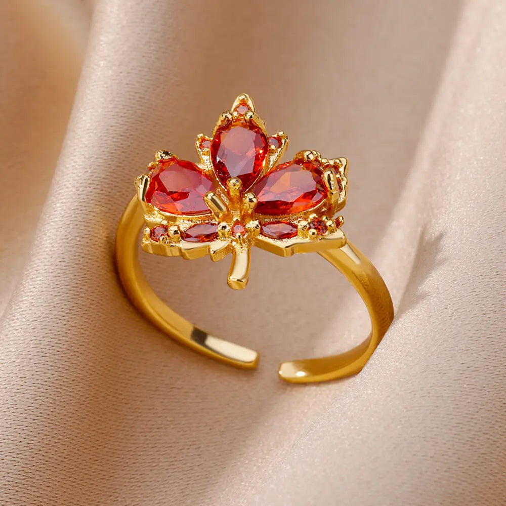 Luxury Gold-Plated Heart Ring with Colorful Zircon Stones – Adjustable Stainless Steel Cocktail Ring for Women