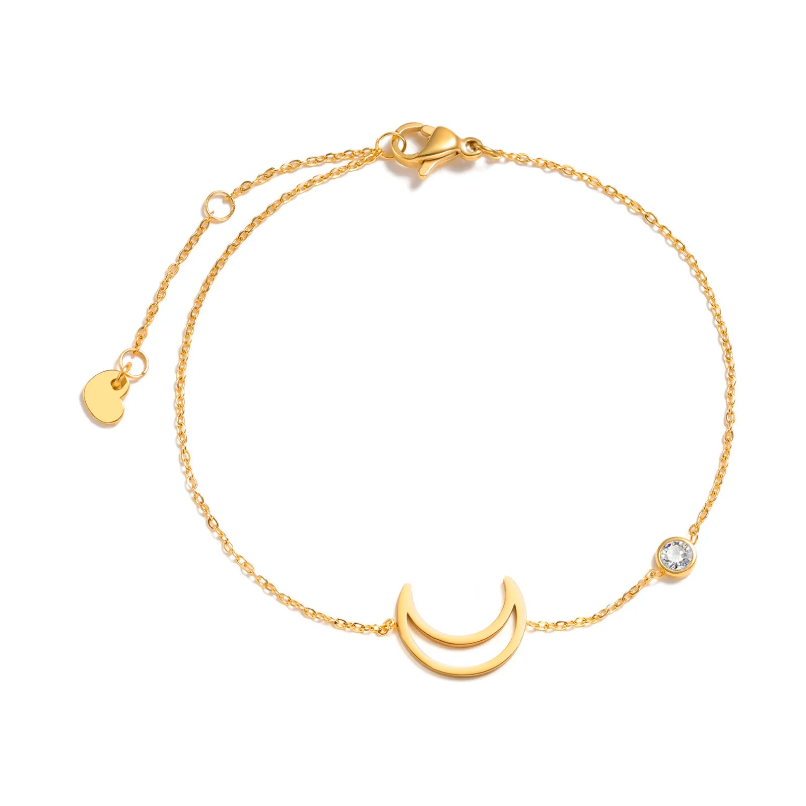 Bracelet minimaliste à breloques croix, croissant de lune et étoile pour femme – Bracelet fin en acier inoxydable à maillons dorés ajustables