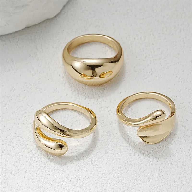3-Piece Gold Plated Geometric Open Ring Set – Chunky, Irregular & Trendy Statement Rings for Women