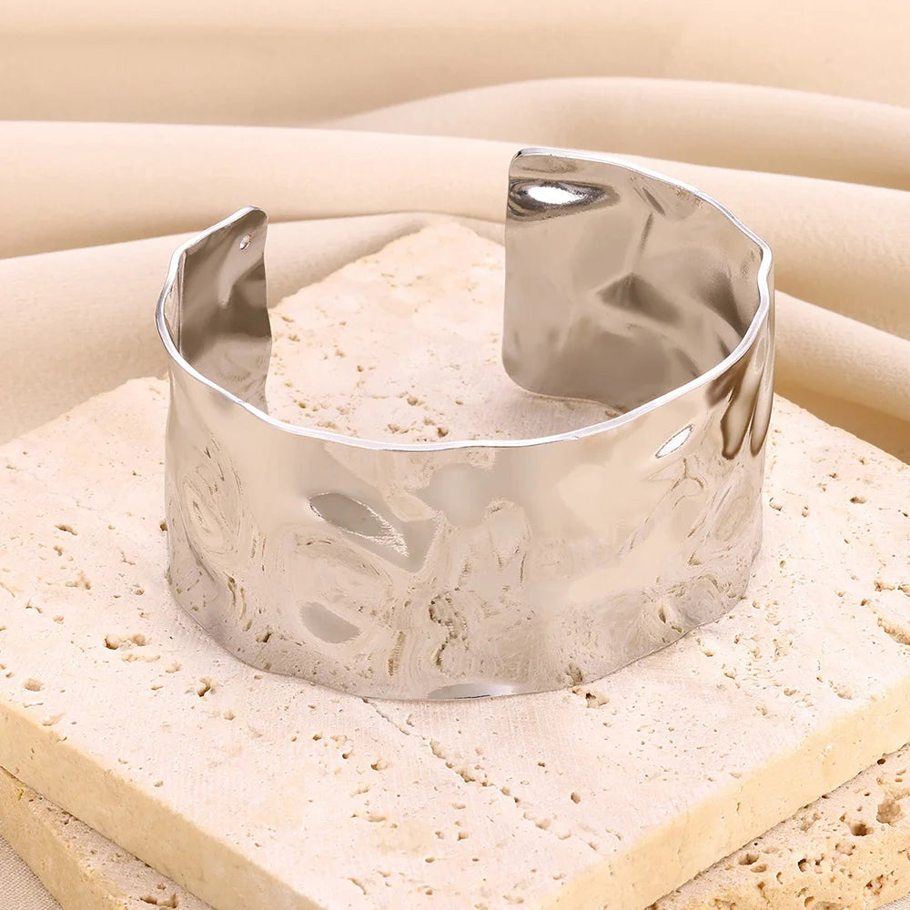 Bracelet manchette vintage irrégulier en or – Jonc ouvert en acier inoxydable pour femmes et hommes
