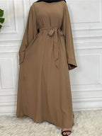 Elegant Modest Maxi Dress with Waist Tie – Long Sleeve Woven Abaya Style Dress for Women (All Season)