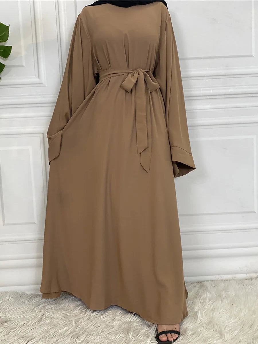 Elegant Modest Maxi Dress with Waist Tie – Long Sleeve Woven Abaya Style Dress for Women (All Season)