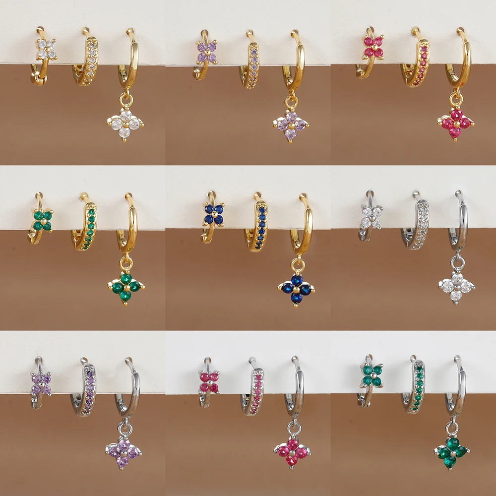 Ensemble de 3 boucles d'oreilles pendantes en acier inoxydable avec zircon cubique – Boucles d'oreilles florales hypoallergéniques pour femmes