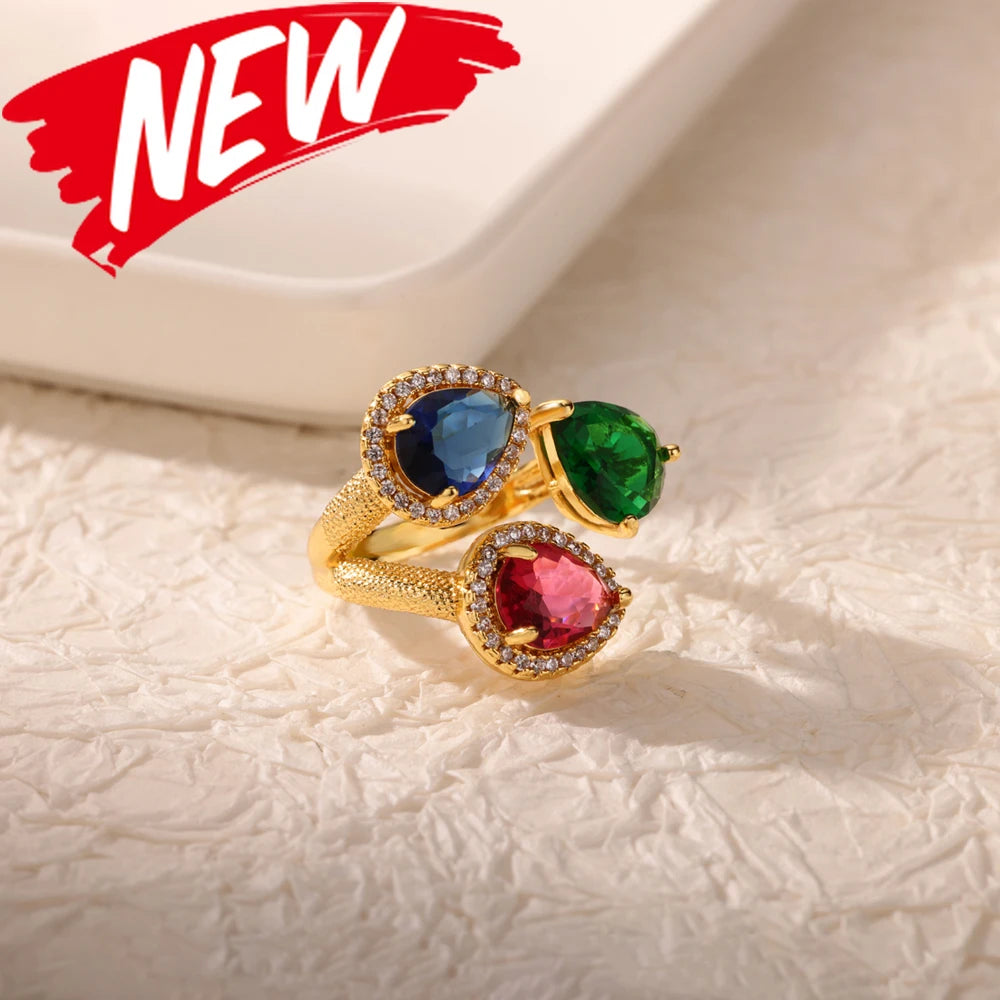 Luxury Gold-Plated Heart Ring with Colorful Zircon Stones – Adjustable Stainless Steel Cocktail Ring for Women