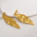 Boucles d'oreilles pendantes élégantes en forme de feuille pour femme – Acier inoxydable plaqué or 18 carats, hypoallergénique