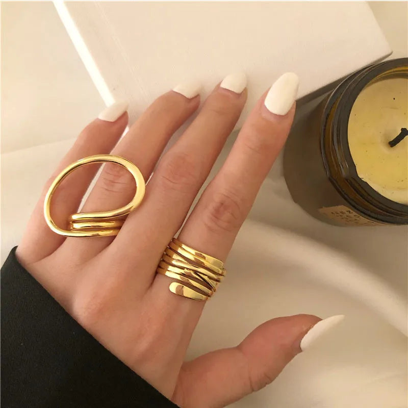 3-Piece Gold Plated Geometric Open Ring Set – Chunky, Irregular & Trendy Statement Rings for Women