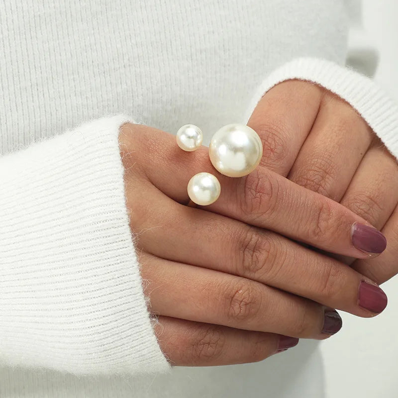 Vintage White Pearl Double-Layer Geometric Ring – Chunky Statement Ring for Women