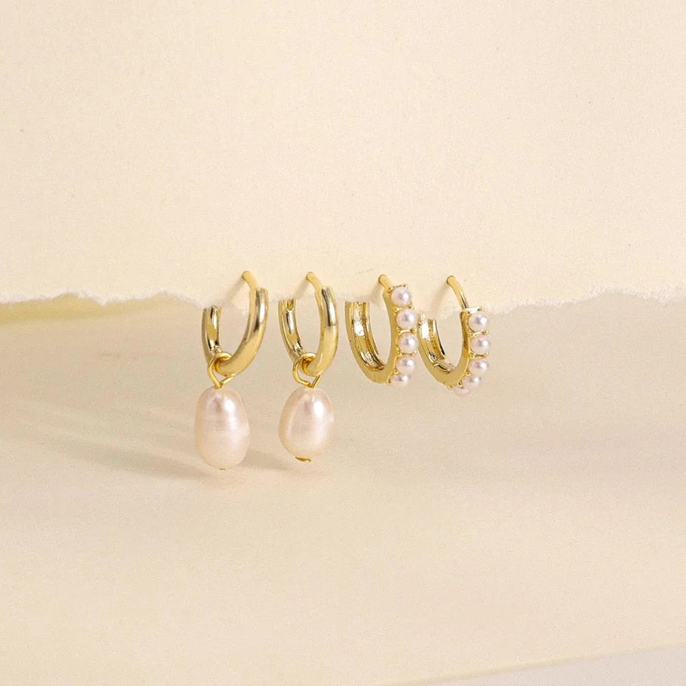 Lot de 2 paires de créoles pendantes vintage en perles – Créoles en acier inoxydable plaqué or 18 carats pour femme