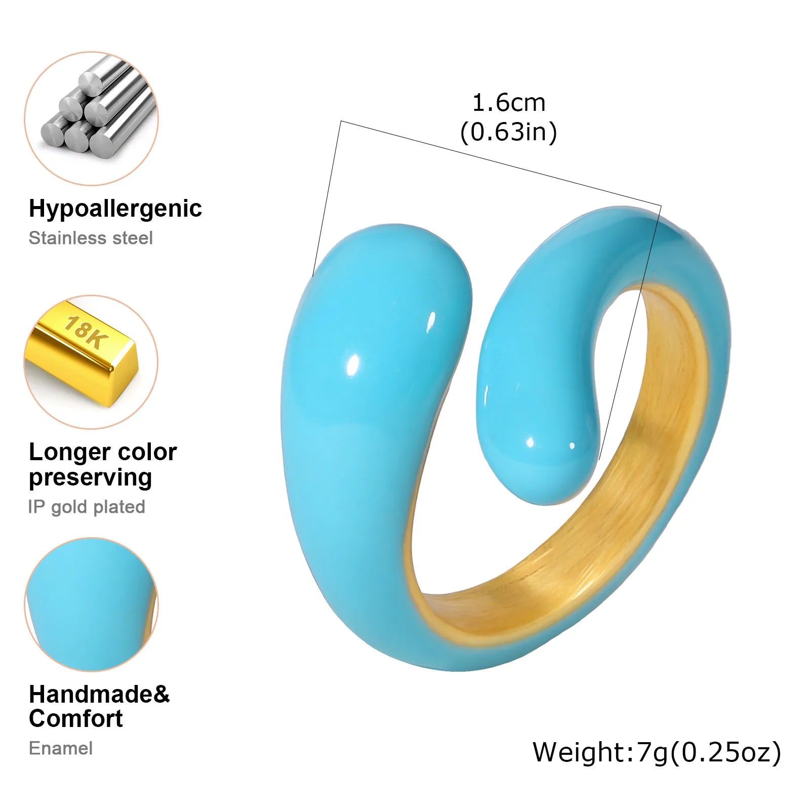 Bague torsadée épaisse en émail pour femme – Bague croisée ouverte en acier inoxydable plaqué or, anneau empilable étanche (bleu/vert/rose)