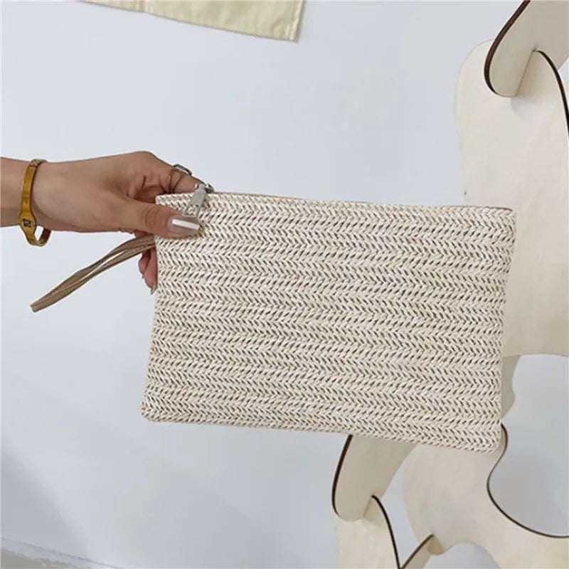 Elariah Woven Straw Wristlet Clutch Bag – Bohemian Summer Beach Handbag with Zipper (White, Khaki, Beige)