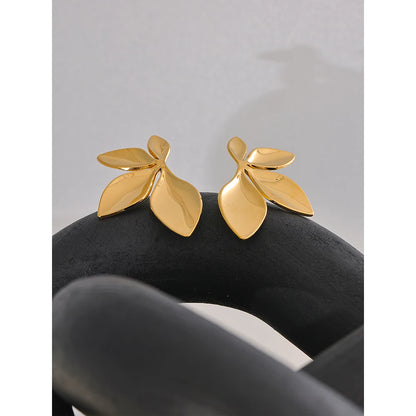 Gold Plated Stainless Steel Leaf Flower Stud Earrings – Waterproof & Hypoallergenic Jewelry for Women