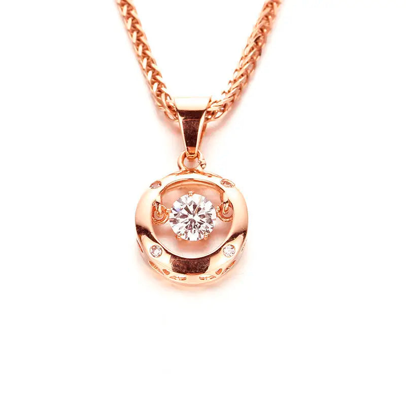Collier avec pendentif rond en cristal et or rose 14 carats – Chaîne de clavicule classique en zircon pour femme
