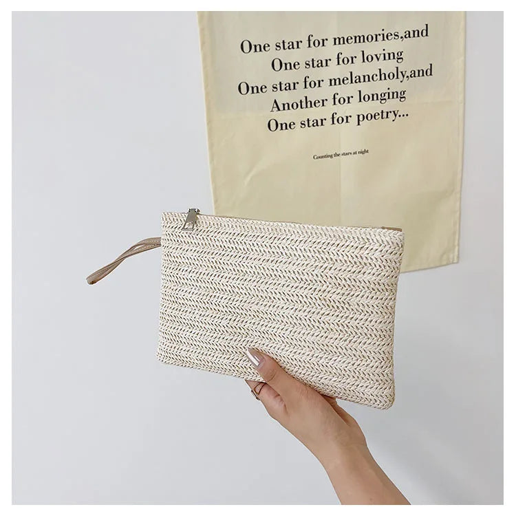Elariah Woven Straw Wristlet Clutch Bag – Bohemian Summer Beach Handbag with Zipper (White, Khaki, Beige)