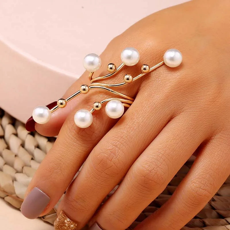 Bague géométrique vintage à double couche en perles blanches – Bague imposante pour femme