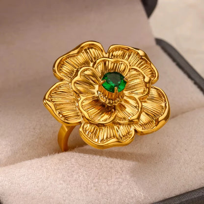 Luxury Gold-Plated Heart Ring with Colorful Zircon Stones – Adjustable Stainless Steel Cocktail Ring for Women