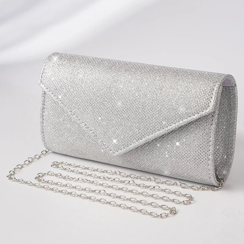 Elariah Shimmer Envelope Clutch Bag – Silver Glitter Evening Handbag with Chain Strap for Weddings & Party Wear