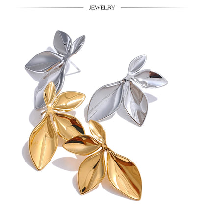 Gold Plated Stainless Steel Leaf Flower Stud Earrings – Waterproof & Hypoallergenic Jewelry for Women