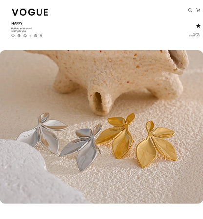 Gold Plated Stainless Steel Leaf Flower Stud Earrings – Waterproof & Hypoallergenic Jewelry for Women