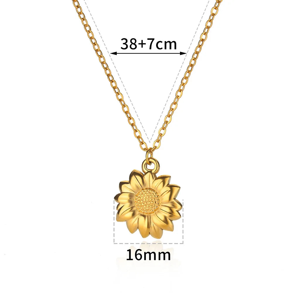 Collar geométrico con colgante de girasol: cadena de acero inoxidable para clavícula para mujer