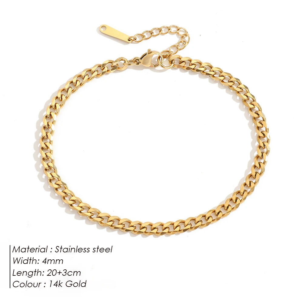 Bracelet de cheville minimaliste en acier inoxydable à chaîne cubaine pour femme – Bracelet de cheville de plage délicat et ajustable de 4 mm, doré ou argenté
