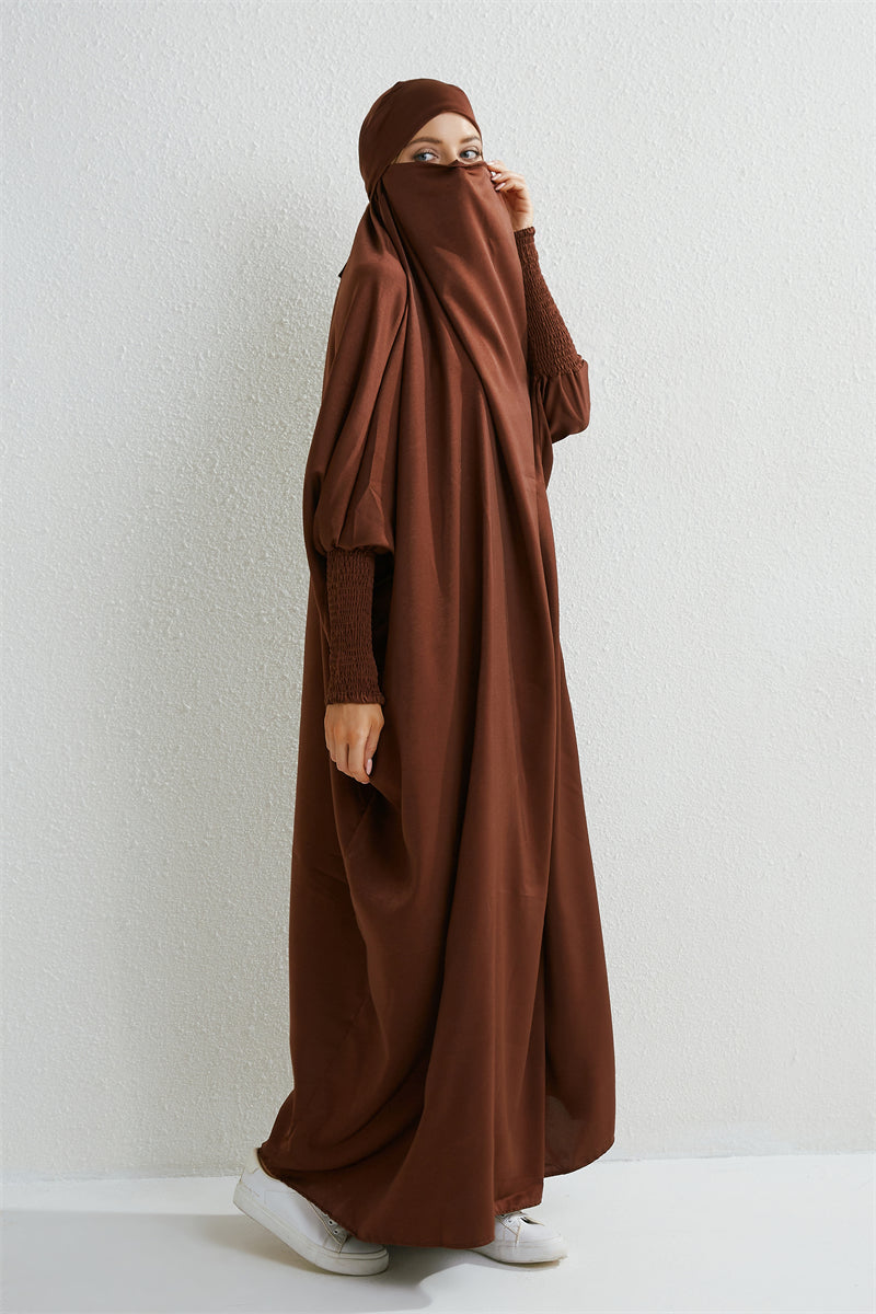 Elariah Hooded Modest Abaya Dress – Loose Fit One-Piece Jilbab with Smocked Sleeves (Black)