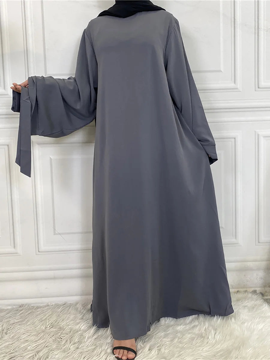 Elegant Modest Maxi Dress with Waist Tie – Long Sleeve Woven Abaya Style Dress for Women (All Season)