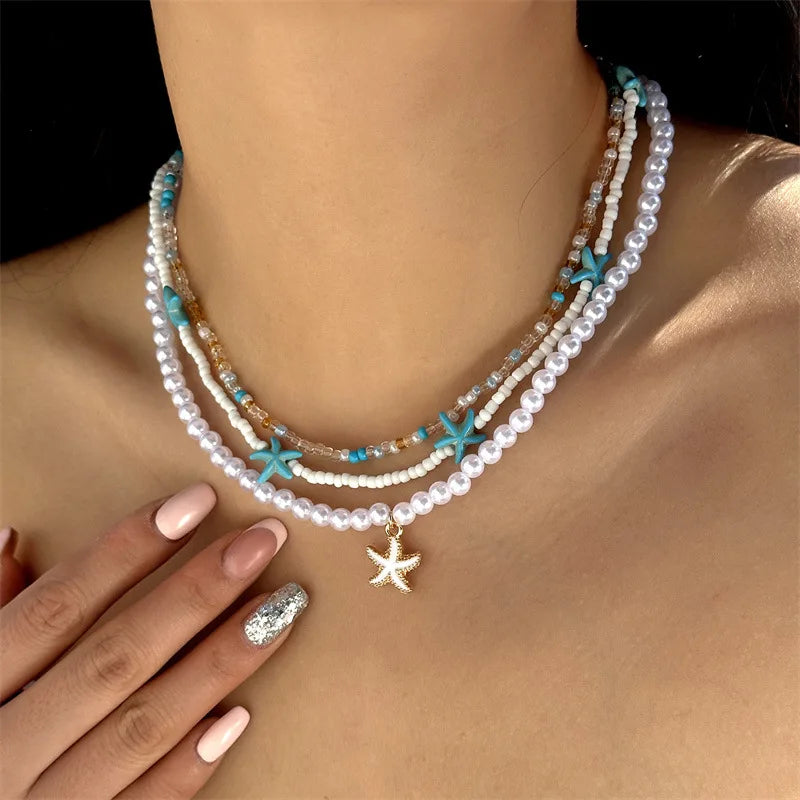 Collier coquillage bohème pour femme – Pendentif coquillage et étoile de mer