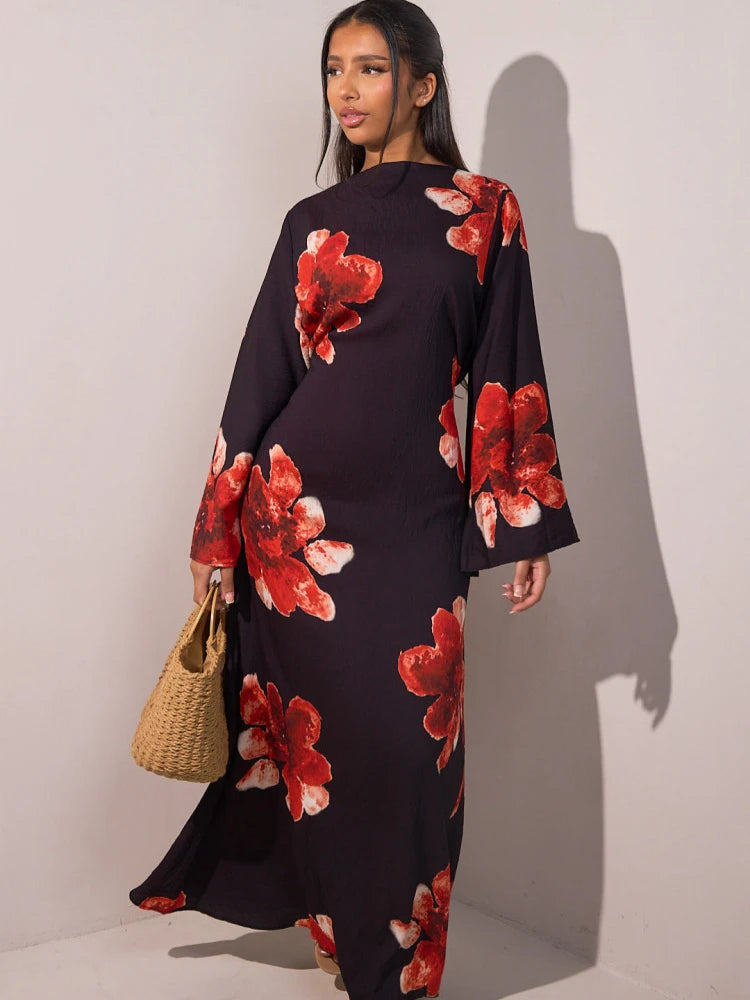 Elariah Floral Print Modest Kaftan Abaya Dress – Long Sleeve Maxi Jalabiya for Eid, Ramadan & Special Occasions