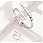 Geometric Open Bracelet & Ring Set for Women – Minimalist Stainless Steel Cuff Bangle and Adjustable Ring Jewelry Set